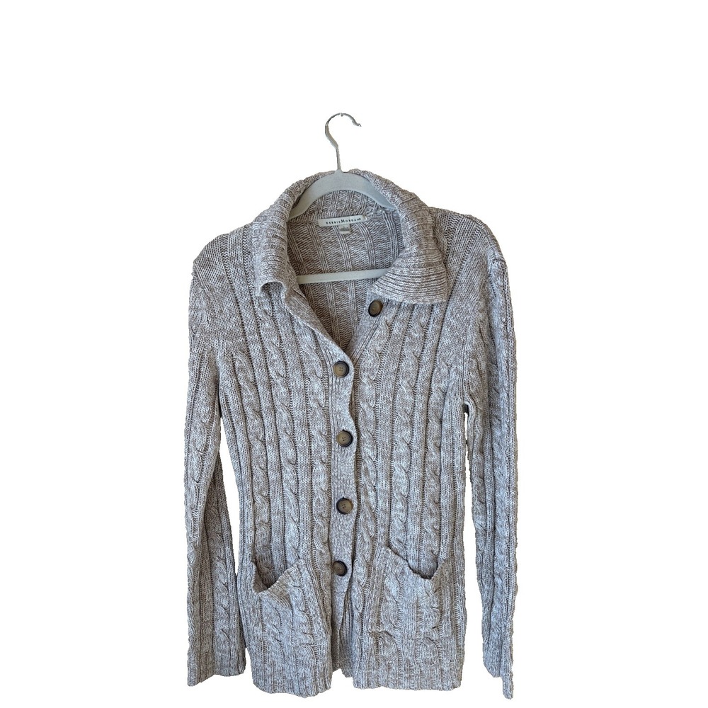 Debbie Morgan Womens Cable Knit Cardigan Sweater Oatmeal Marl Button Front Large